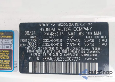 2025 Hyundai Tucson Sel Convenience из США, поврежденный, VIN 3KMJCCDE2SE007722